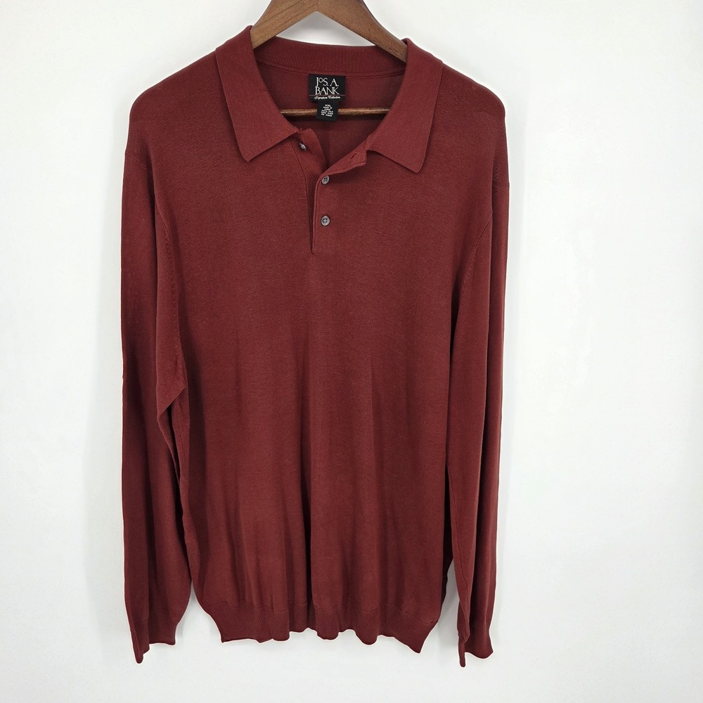 Jos. A. Bank Polo Sweater Mens XXL‎  100% Silk Burgundy Collared Long Sleeve
